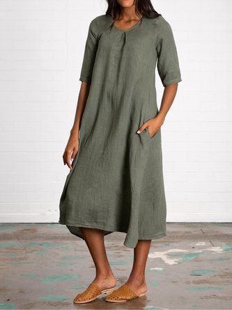 Plus Size Pockets Linen Women Summer Midi Dresses