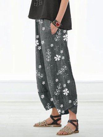 Floral Printed Elastic Waistband Pockets Women All Season Pant
