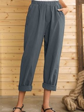 Gray Casual Pockets Cotton-Blend Pants