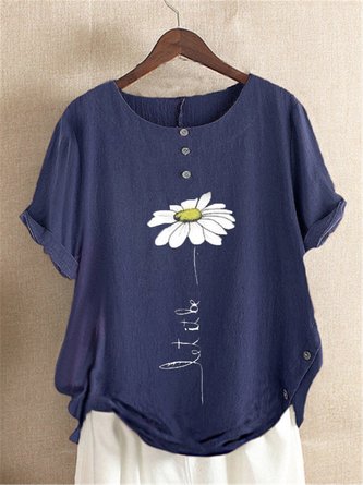 Casual Floral-Print Cotton&Linen Short Sleeve Shirt & Top