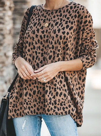 Crew Neck Leopard Print Cotton-Blend Shirts & Tops
