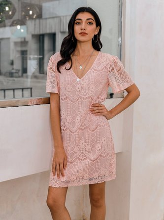 Pink Solid Lace Short Sleeve Dresses