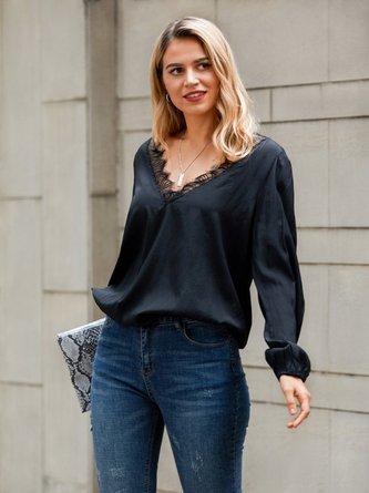 Black V Neck Casual Solid Shirts & Tops