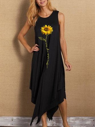 Sunflower Printed Crew Neck Casual Sleeveless A-line Black Dress