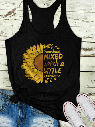 Sunflower-Print Sleeveless Casual Tank Top