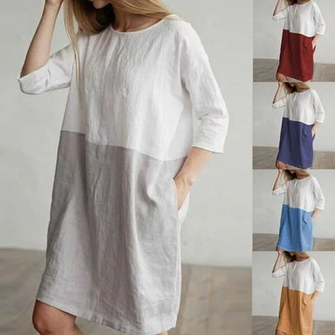 Plus Size Women  Shift Daily 3/4 Sleeve Linen Color-block  Dress
