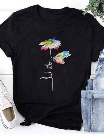 Women Floral Let it Be Printed Round Neck T-Shirt Top
