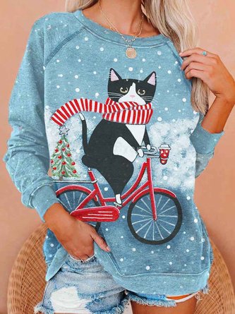 Ladies Snowflake Cat Print Sweatshirts