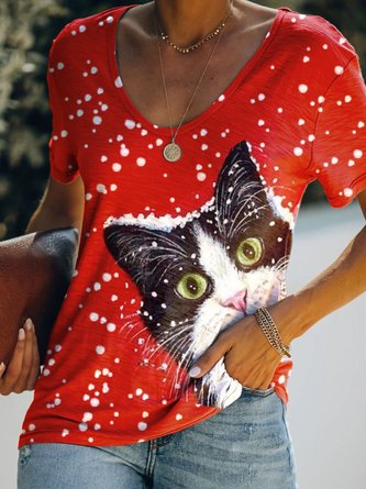 Christmas Cat T Shirt Women Casual V Neck Shirt Top