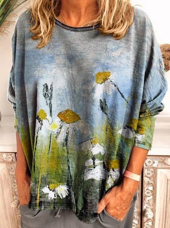 Long Sleeve Crew Neck Oil painting flowers Shirt Top
