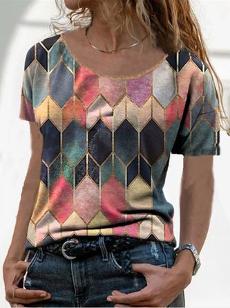 Women Vintage Geometric Crew Neck T-Shirt Top