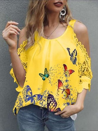 Butterfly Print Hollow Lace Strapless Top