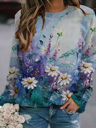 Casual and simple floral print round neck long-sleeved polyester cotton Sweatshirts