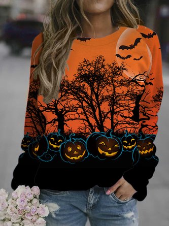 Halloween Pumpkin Orange Castle Bat Sweatshirts Top for Fall