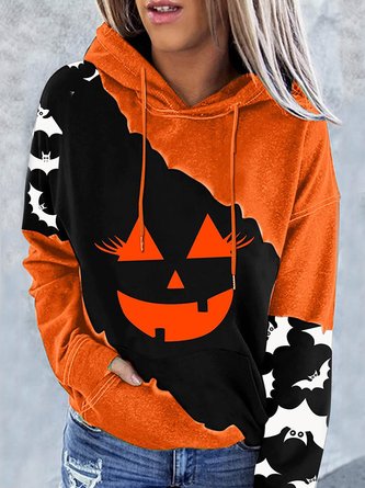Halloween Bat Pumpkin Print Women's Long-sleeved Hoodie