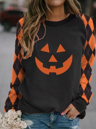 Graphic Halloween Pumpkin Argyle Check Patchwork Sweatshirts