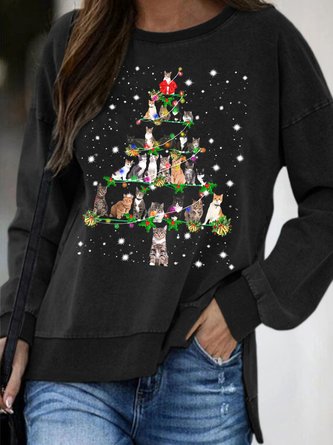 Funny Cats Christmas Tree Round Neck Sweatshirts