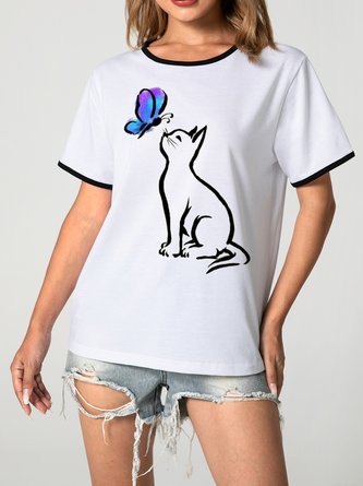 Unocis Cat Butterfly Print Short Sleeve Ringer Tee