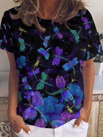 Casual Dragonfly Floral Print Crew Neck T-Shirt