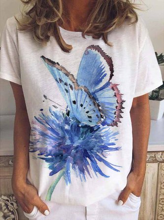 Blue Butterfly and Blue Flower Women's Short Sleeve T-Shirt