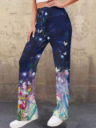 Casual Floral Butterfly Gradient Print High Waist Trousers