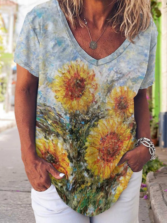 Casual Abstract Sunflower Print V-Neck T-Shirt