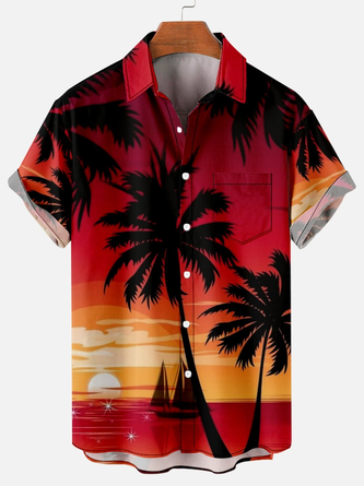 Men’s Coconut Tree Color Block Casual Tribal Short Sleeve Hawaiian Shirt