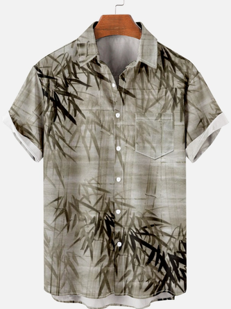 Men's Casual Simple Bamboo Leaf Print Short Sleeve Shirt