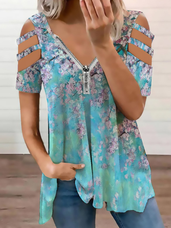 Casual Simple Floral Print V-Neck Top