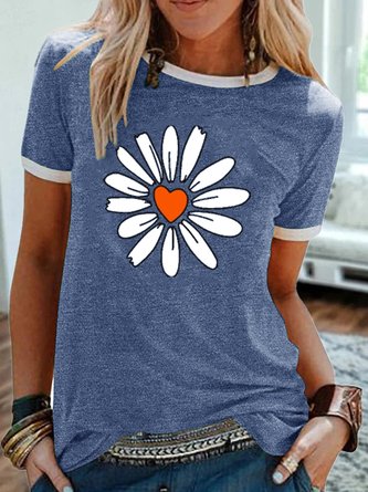 Women's Summer Fashion flower Heart Print Casual Short Sleeve T-Shirt