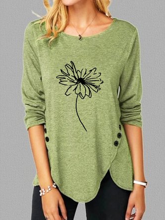 Casual Simple Floral Print Crew Neck Long Sleeve Shirt