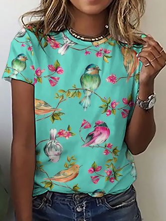 Cute Flower And Bird Print Short Sleeve T-Shirt