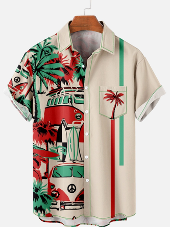 Men's Casual Vacation Style Coconut Tree Car Print Short Sleeve Shirt