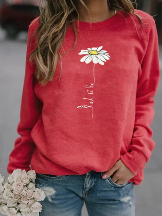 Women Daisy Printed Casual Long Sleeve Red Shirts Tops