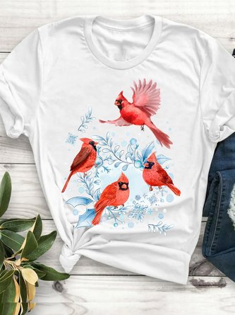 Beautiful Red Cardinal Birds Cotton Regular Fit Crew Neck Short Sleeve T-Shirt
