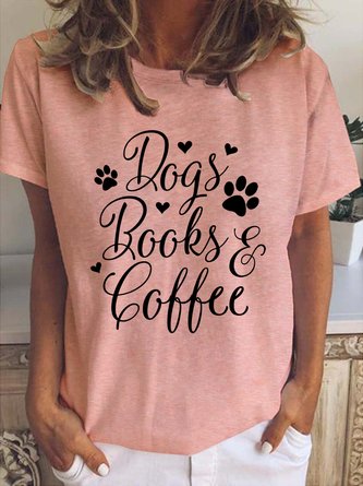 Dogs Books And Coffee Print Crew Neck T-shirt