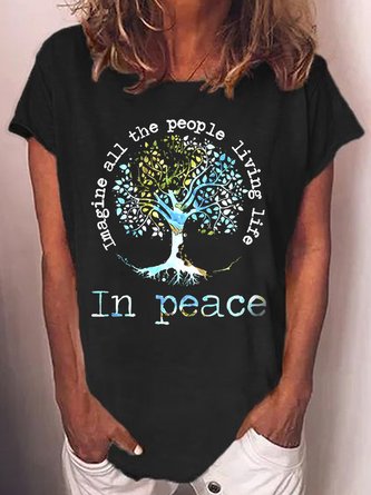 Womens Peace Letter Casual Short Sleeve T-Shirt
