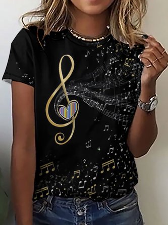 Casual Abstract Music Notes Print Crew Neck T-Shirt