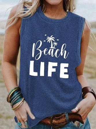 Beach Life Coconut Tree Print Crew Neck Top