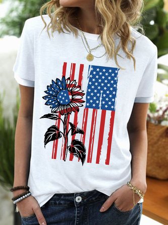 Sunflower American Flag Painted Crew Neck T-Shirt