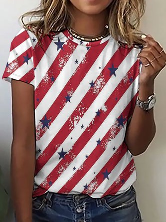 American Flag Striped Stars Crew Neck Casual T-Shirt