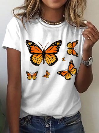 Womens Butterfly Print Casual Crew Neck T-Shirt