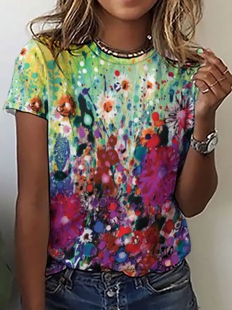 Women's Casual Abstract Floral Print Crew Neck T-Shirt