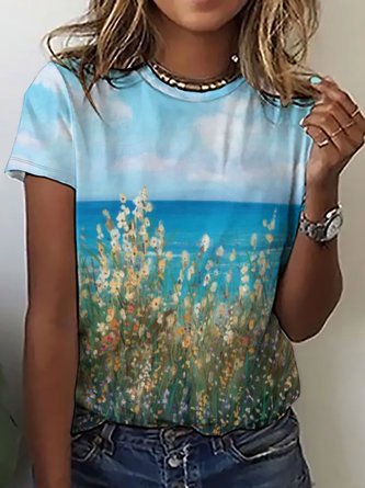Women's Casual Abstract Landscape Print Crew Neck T-Shirt