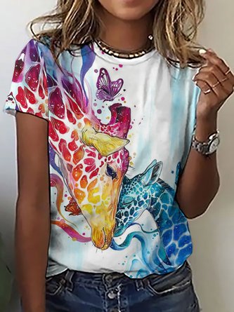 Women Funny Colorful Giraffe Simple Loose Animal T-Shirt
