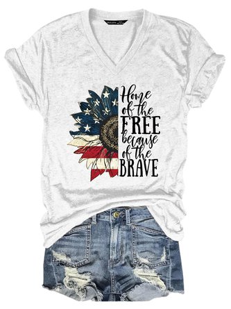 Women American Flag Sunflower Home Of The Free Because Of The Brave Simple T-Shirt