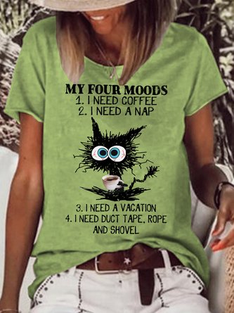 Women's Funny Four Moods Black Cat Crew Neck Casual T-shirt