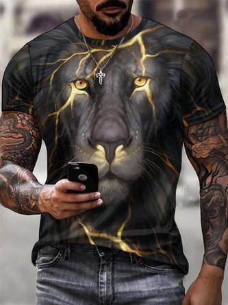 Men Abstract Art Lions Loose Casual Crew Neck T-Shirt