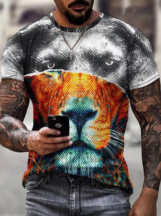 Men Lion Printing Casual Crew Neck T-Shirt