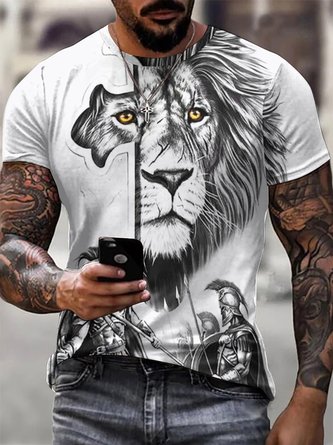 Men Lion And Warrior Casual Animal T-Shirt